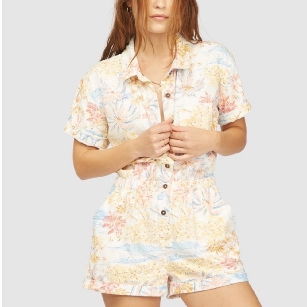 Billabong x Wrangler Tropical Palm Print Denim Romper Short Sleeve Button Front